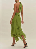 Temperament Halter Neck Long Dresses Women Green Backless Leace-up Irregular Package Hip Party Dress Elegant Banquet Vestidos