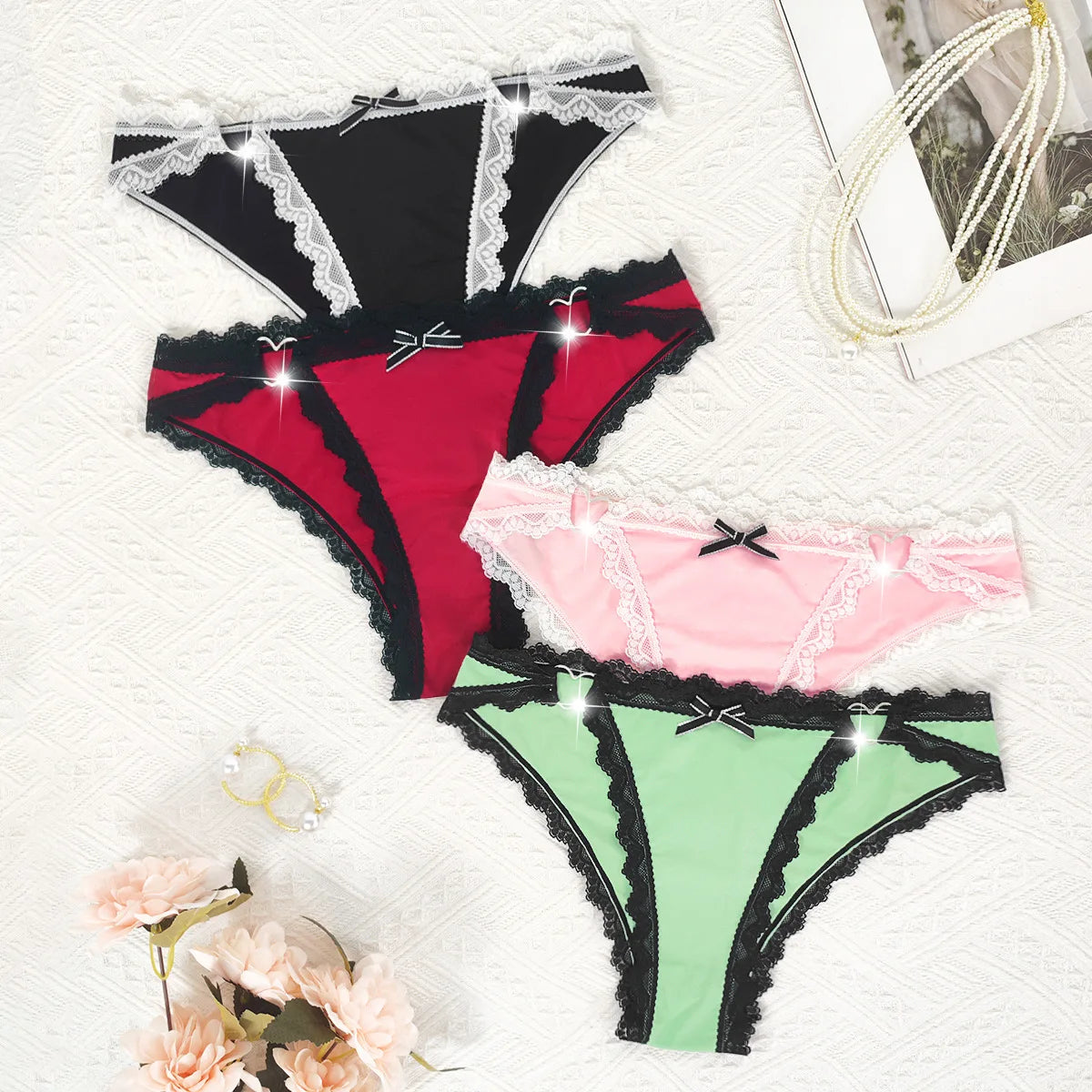 1pcs Low Rise Bow Sexy Lace Women's Panties Patchwork Heart Decor Elegant Lady Briefs Comfortable Breathable Female Underwear