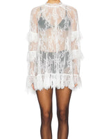 Women See Through Lace Dress Layered Flare Long Sleeve Crew Neck Ruffle Dress for Party Cocktail Club Dress Cover-ups