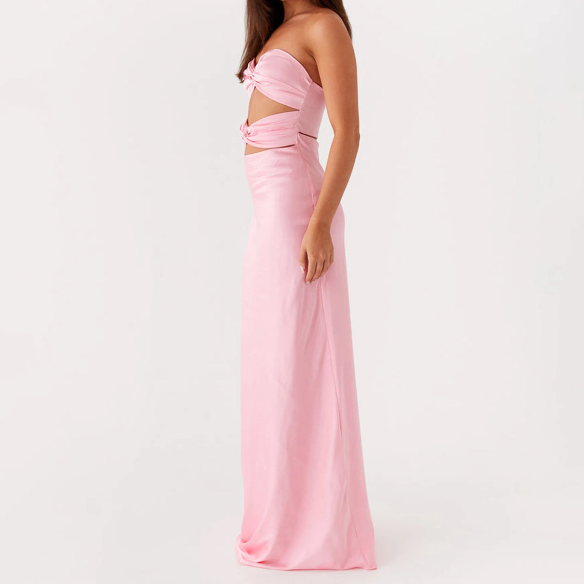 Women's Fashion Elegant Hollow Out Tube Dress Strapless Twist Front Solid Color Bodycon Summer Party Club Long Dresses