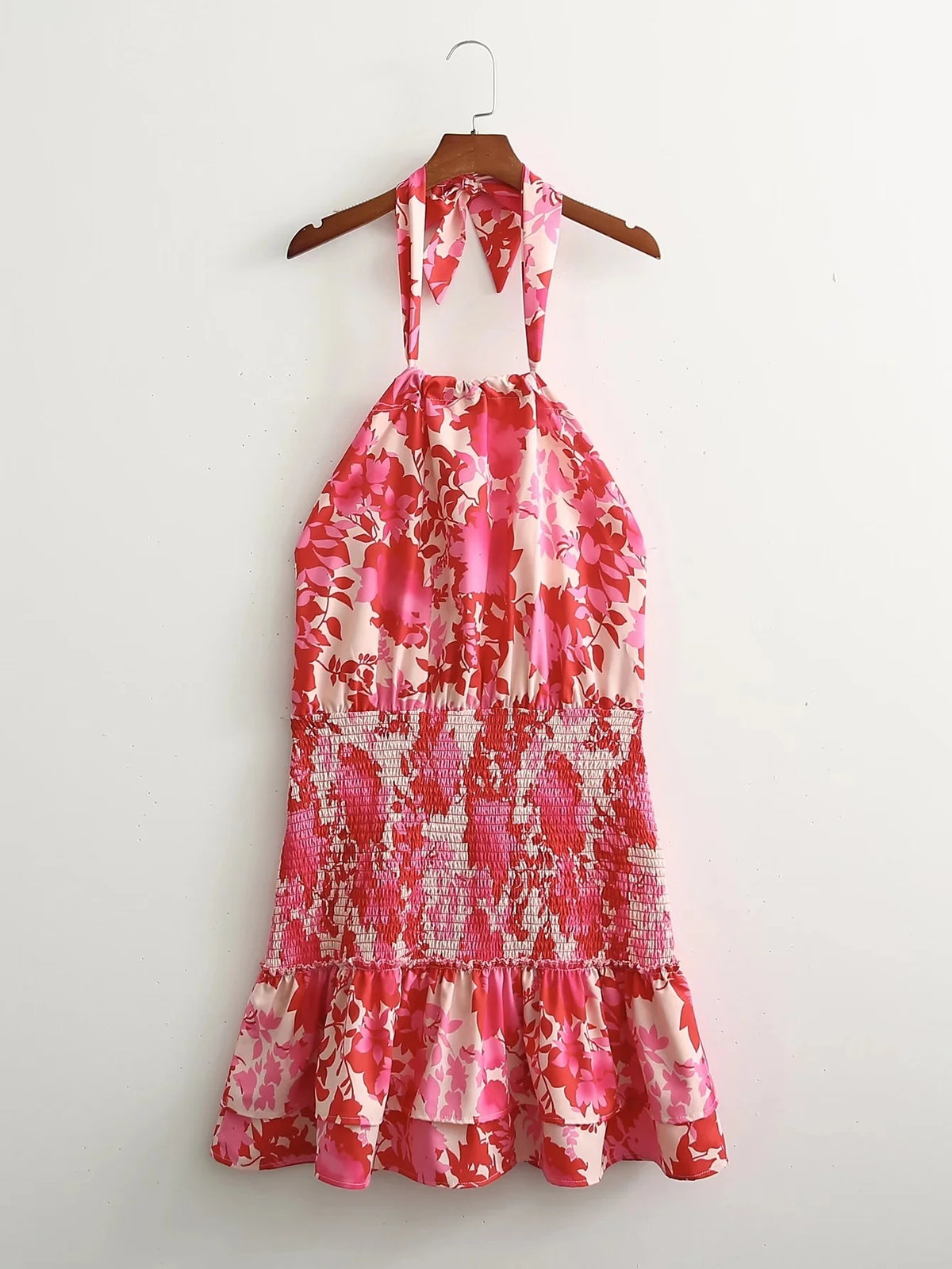 Sexy Red Floral Print Backless Summer Women Boho Mini Dress Bodycon Sleeveless Beach Lace Up Bowknot Dropshipping Dress Sundress