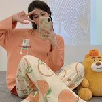 New Women's Spring and Autumn Fashion Cartoon Casual Pajamas, Thin Winter Homewear, Plus-Size Simple and Loose Teenage Pajama Se