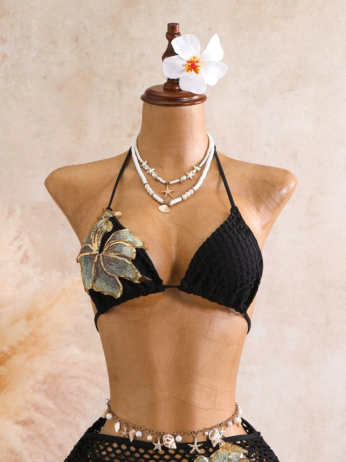 DEKA Brazilian Mesh Flower Bikini Set Women Halter Push Up Triangle Embroidered Print Swimsuit Bathing Suit Swimwear Swimming