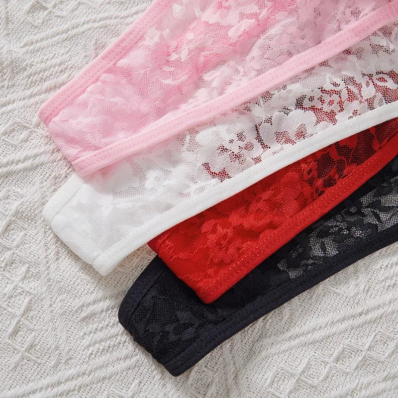 5Pcs Women’s Sexy Lace Thong Panties Low Rise Rhinestone Belt See-Through Floral G-String Shiny Comfortable Intimates Underwear