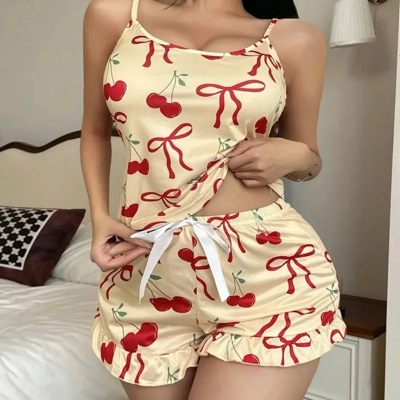 Summer New Women's Pajama Set Cherry Print Breathable Soft Casual Print Cami Top and Ruffle Shorts Sweet Home Strap Shorts