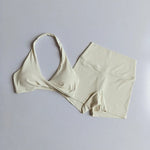 2PCS Nude Sexy Yoga Set Halter Neck Sports Bra And Shorts Breathable Fitness Training Underwear Slimming Beautiful Back Design