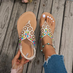 2026Summer New Boho Style Clip-On Beaded Rhinestone Buckle With Elastic Heel Rubber Strap Women's Shoes Casual And Comfortable