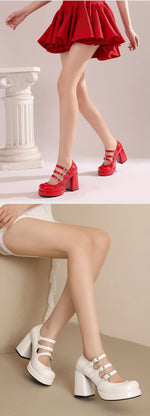 Plus Size Women Red Patent Leather Platform Mary Jane Shoes 3 Rhinestone Buckle Straps Chunky BlockY2K Lolita Party Pumps