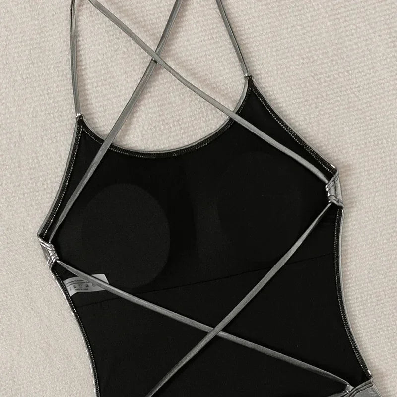 2026 New Silver Shiny Leather One Piece Swimsuit Women,U-neck Suspender Bikini,cross Strape Backless Monokini Summer Beachwear