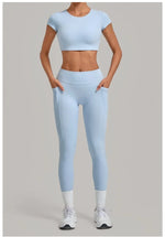 Women's Seamless Yoga Sets Sports Running High Waist Hip-lifting Pants Backless Short-sleeve Suits Workout Fitness Leggings Sets