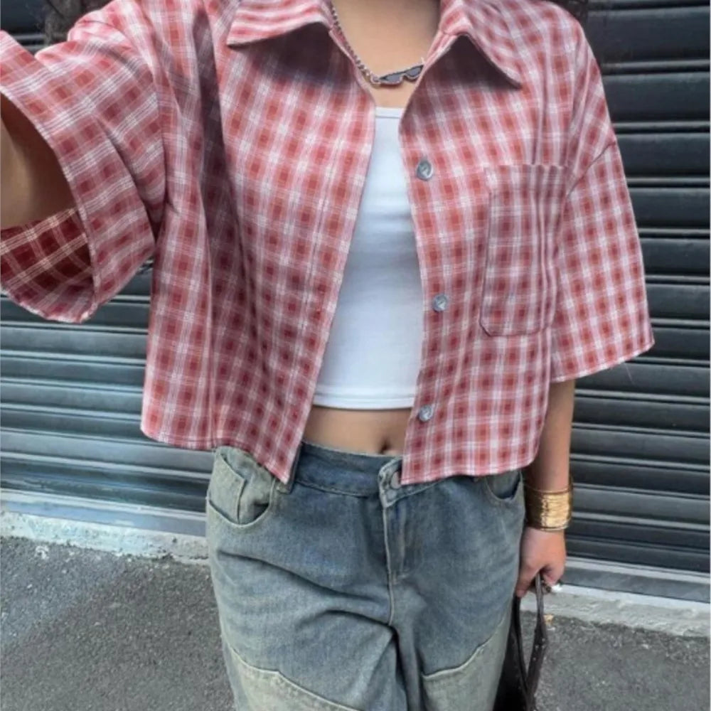 Casual Shirts Shirts & Blouses Women's Clothing Simple Style Street Personality Contrast Lattice Quarter Sleeves Fashion Trendy