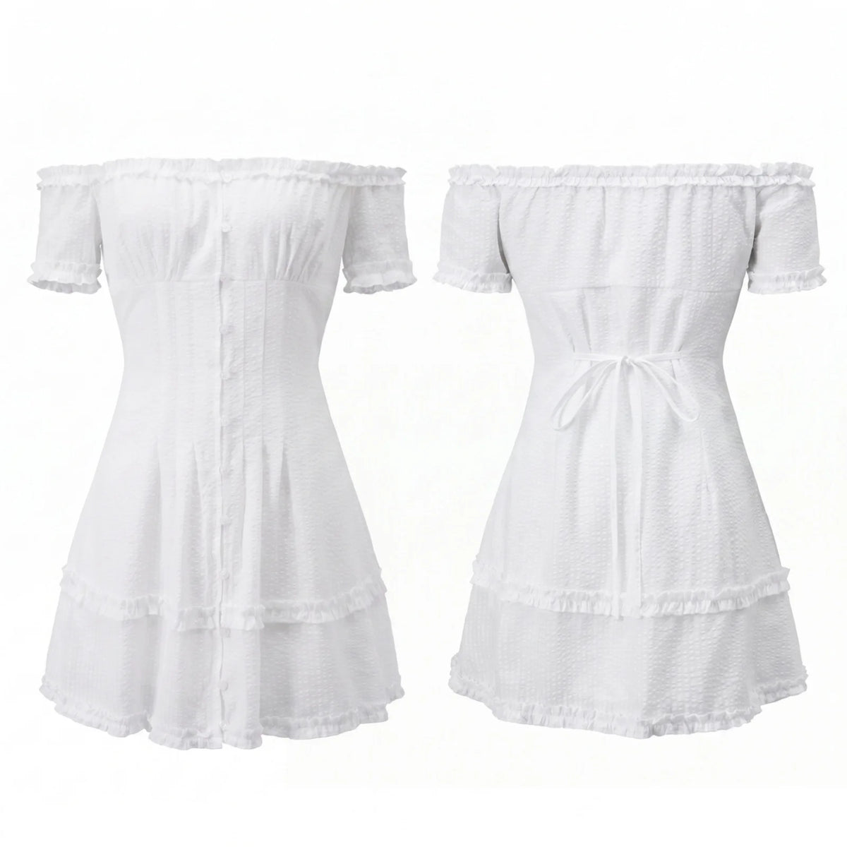Women Summer White Dress Trim Off Shoulder Short Sleeve Button-up A-line Mini Dresses for Daily Office Party