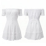 Women Summer White Dress Trim Off Shoulder Short Sleeve Button-up A-line Mini Dresses for Daily Office Party