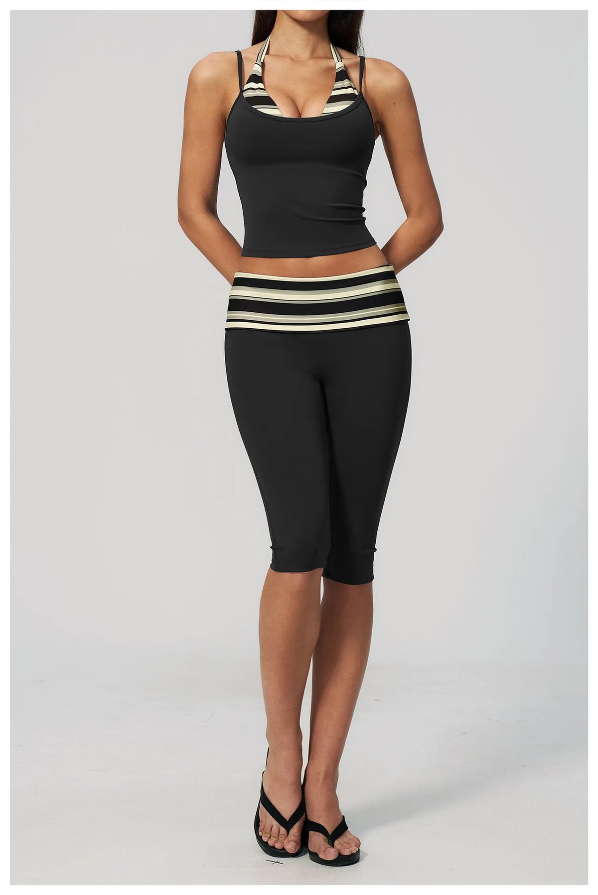 New Fake Two-piece Yoga Sets Women Striped Shock-absorbing Slim Sports Tank Top Fitness Suit Gym High Waist Mid Pants Tracksuit