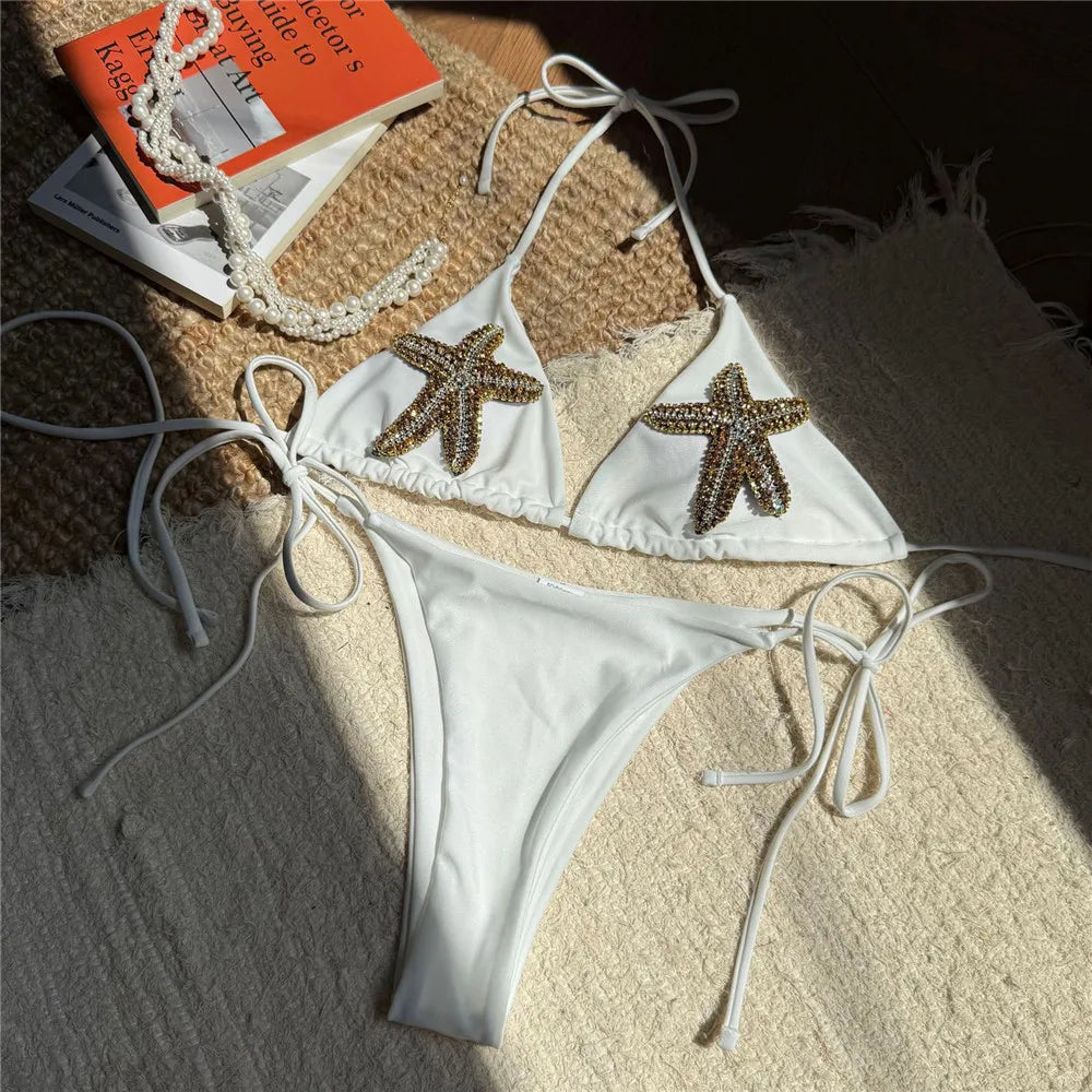 Rhinestone Starfish White Swimwear Halter String Triangle Micro Bikini Thong Sexy Swimsuit Women Bikinis Sets Mujer 2026 Bather