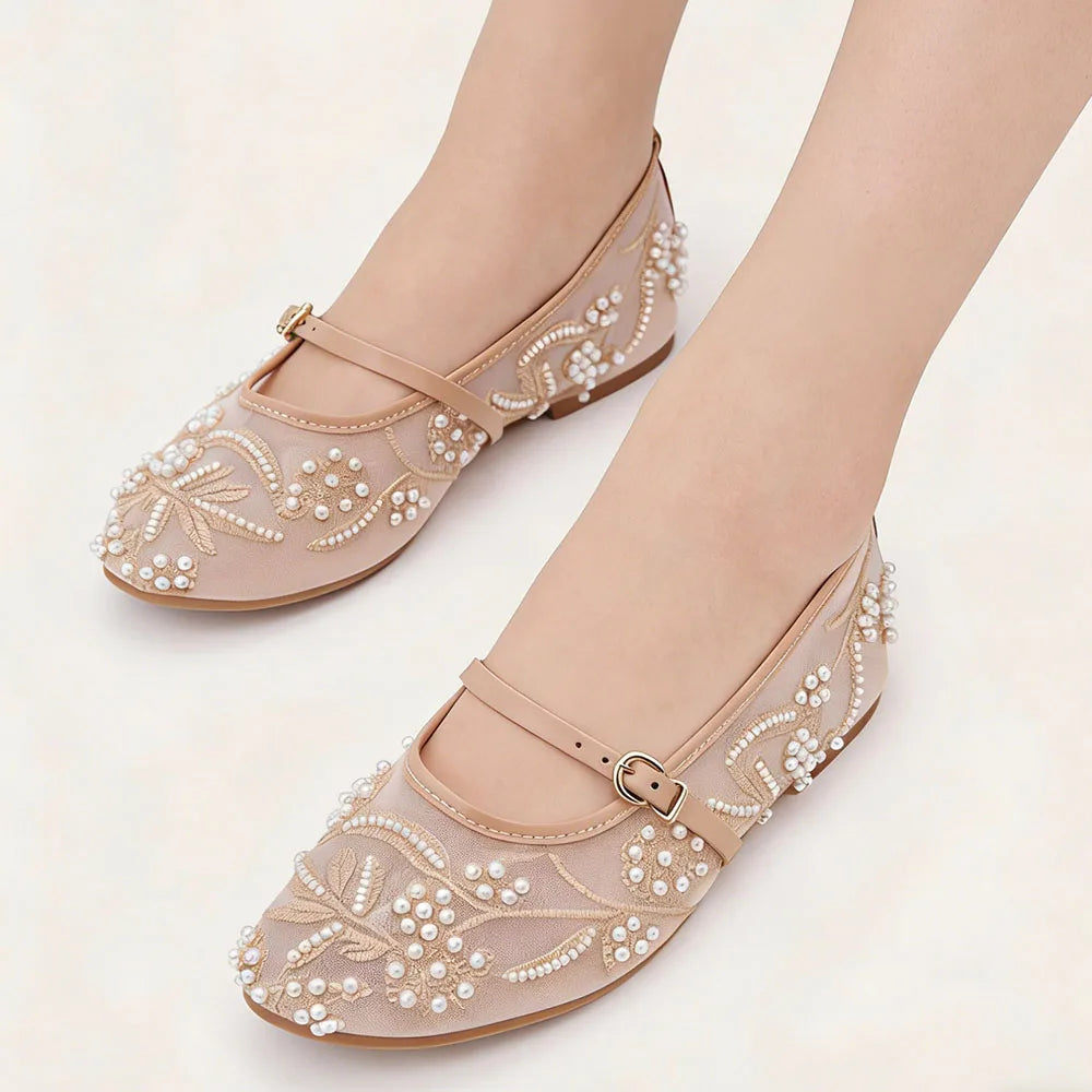 2026 Big size 42 Chic Nude Beading Flat Mary Janes Shoes Women Leisure Mesh Pearls Embroidery Comfy Walk Ballet Flats Shoes