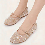 2026 Big size 42 Chic Nude Beading Flat Mary Janes Shoes Women Leisure Mesh Pearls Embroidery Comfy Walk Ballet Flats Shoes
