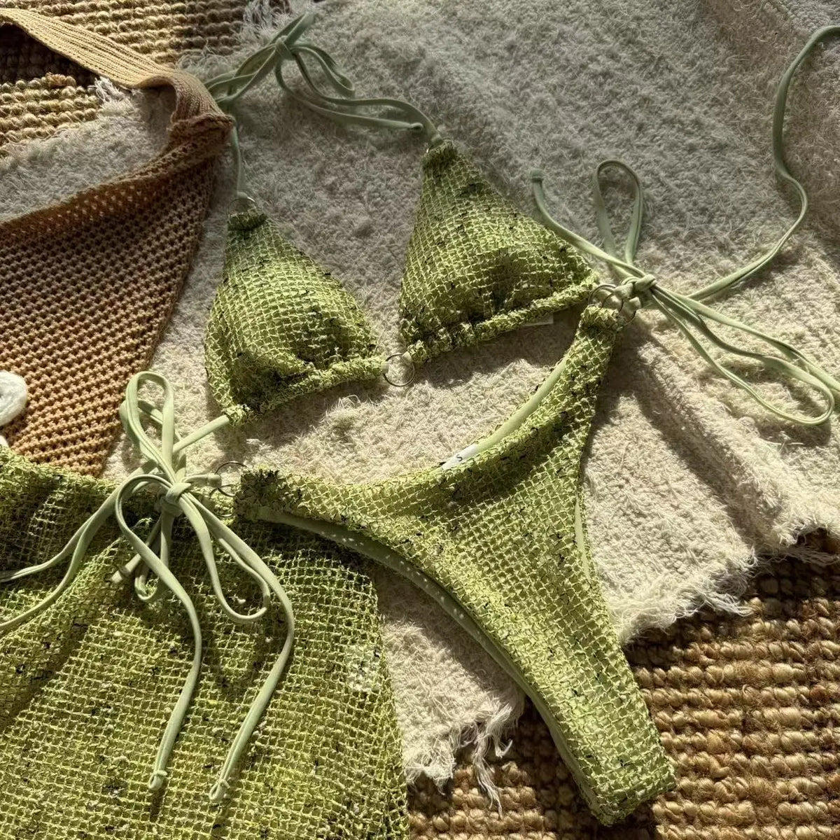 With Mesh Sarong Skirt Halter Bikini Women Swimwear Female Swimsuit Three-pieces Bikini Set Fishnet Bathing Suit Swim Beachwear