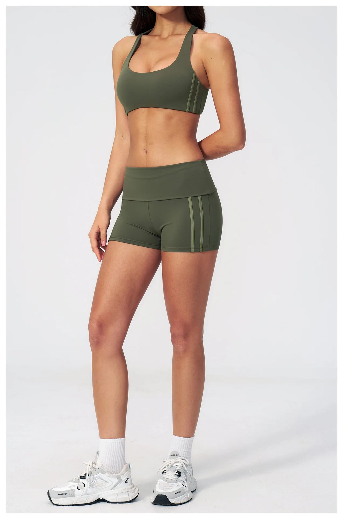 Tight Color Contrast Yoga Suit 2 Pieces Women V Neck Sports Bra Pleate High Waist Shorts Gym Running Fitness Suits Tracksuit