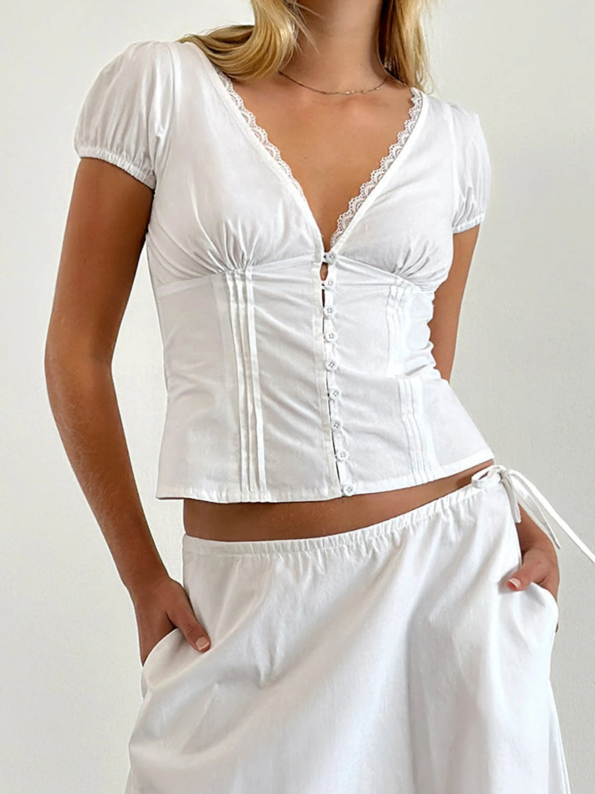 Women's Summer Solid Color Casual Shirt Short Sleeve Deep V Neck Lace Trim Buton Up Party Sweet Crop Tops