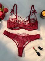 Red Floral Lace Lingerie Set Sheer Mesh Underwire Bra With Bow & Thong Women Sexy Underwear ZA824057
