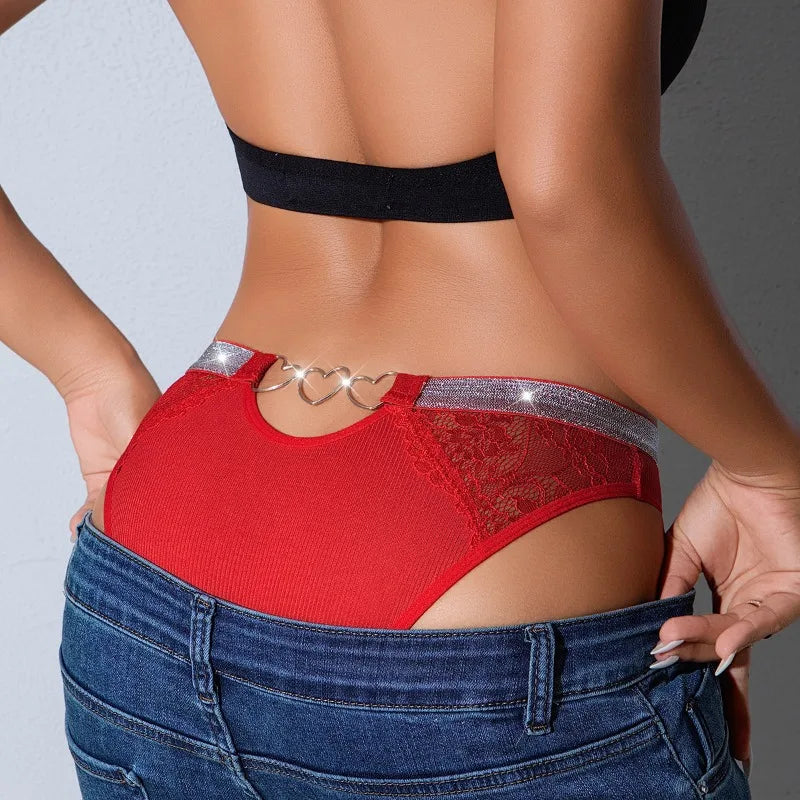 Low-rise Shiny Sexy Women's Panties Hollow Out Ribbed Lady Briefs Breathable Sexy Lingerie Heart Decor Elegant Female Underwear