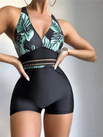 New V Neck Leaves Printed Shorts One Piece Swimsuit Women Swimwear Female Monokini Padded Bather Bathing Suit Swim Lady K4142