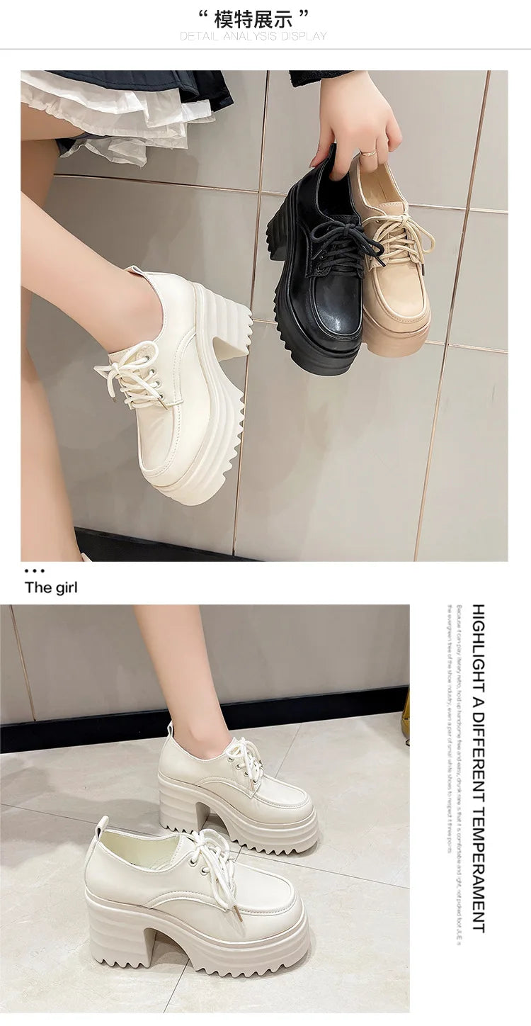 Spring Women Pumps Black Loafers Chunky 10CM High Heels High Platform British Autumn Ladies Thick Bottoms Shoes 2026 New