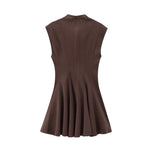 Foridol Stand Collar Sleeveless Pleated Tank Dress for Women Brown Casual Short Autumn Winter Dress Zip Black Ladies Vestidos