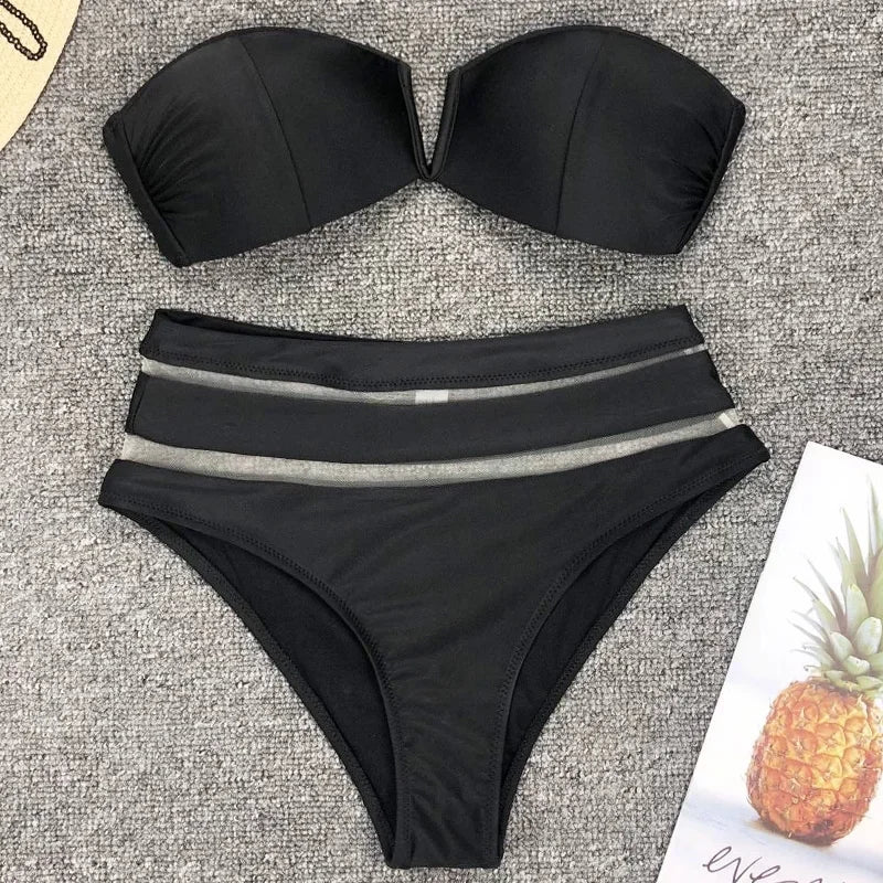 Sexy Bra Cup Bandeau Bikinis High Waist Bikini Women Swimsuit Female Swimwear Two-pieces Bikini Set Mesh Bathing Suit Swim Lady