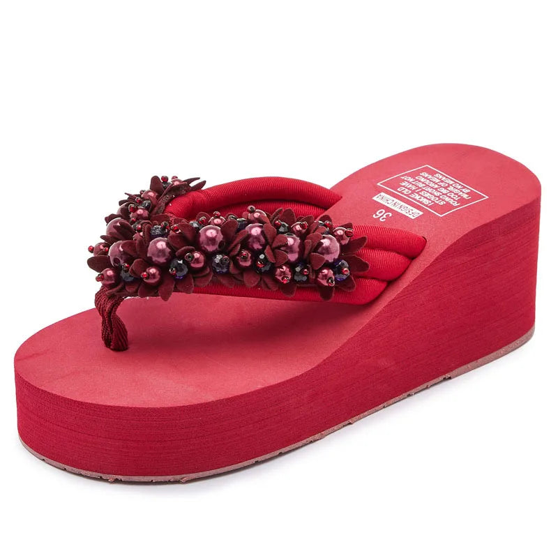 Big Size 42 Fashion Flip Flops For Women Summer Wedges Shoes EVA Sole String Bead Female Indoor Beach Slippers Slip-on Sandals