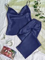 Solid Satin Pajama Set Draped Collar Cami Top Elastic Waistband Pants Women's Sleepwear Loungewear