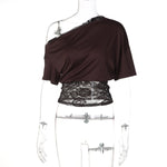 FDYOUI Sexy Chic Diagonal Collar Lace Patchwork T-shirts 2026 Women Short Sleeve Irregular Cropped T Shirt Lady Tunics Tops Tees