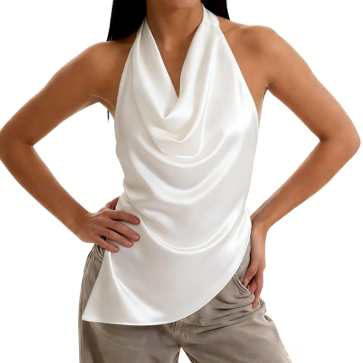 Women’s Solid Color Satin Cowl Neck Halter Tops Summer Fashionable Backless Slim Fit Going Out Vest