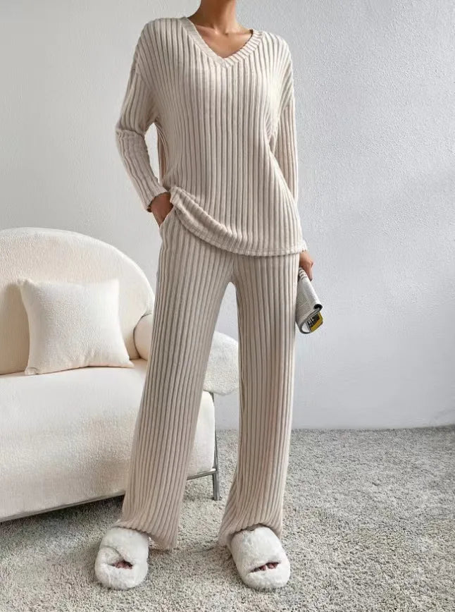 Autumn Winter Ribbed Knit Two Piece Set Womens V Neck Long Sleeve Top Wide Leg Pants Loungewear Casual Solid Color Outfit