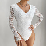 Sexy White Lace Bodysuit Women Solid Color Long Sleeve Sheer Corset Top Autumn Ruffles V Neck See Thourgh Slim Fit Jumpsuit