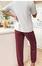 Autumn Winter Round Neck Short Sleeve Long Pants with Ribbed Stripes and Letter Heart Print Women's Pajamas Home Wear
