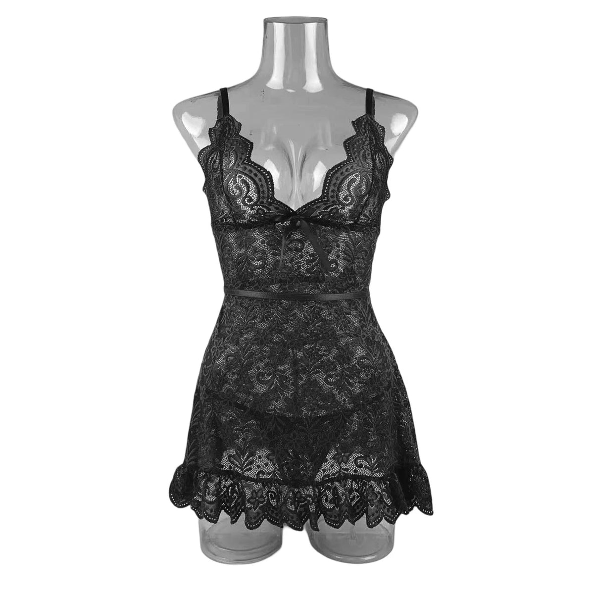 Women Floral Lace Bra Set Sexy Nightwears+Thongs Transparent Lace Mini Dress Sheer Erotic Shapewear Night Dress
