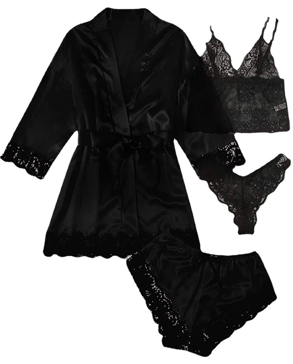 4pcs Women Striped Lingerie Set Lace Trim Robe Camisole Shorts Panties Nightwear Sleepwear Homewear Sexy Pajamas Outfit