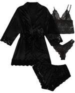 4pcs Women Striped Lingerie Set Lace Trim Robe Camisole Shorts Panties Nightwear Sleepwear Homewear Sexy Pajamas Outfit