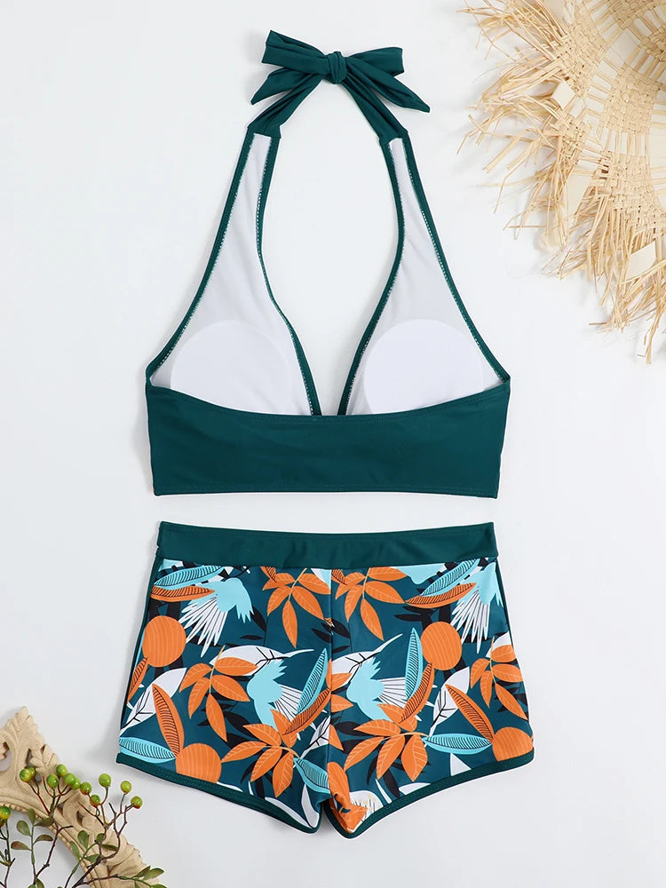 2026 Halter Bikini Set Short Swimsuit Women High Waist Swimwear Female Printed Bathers Swimming Bathing Swim Suit Beachwear