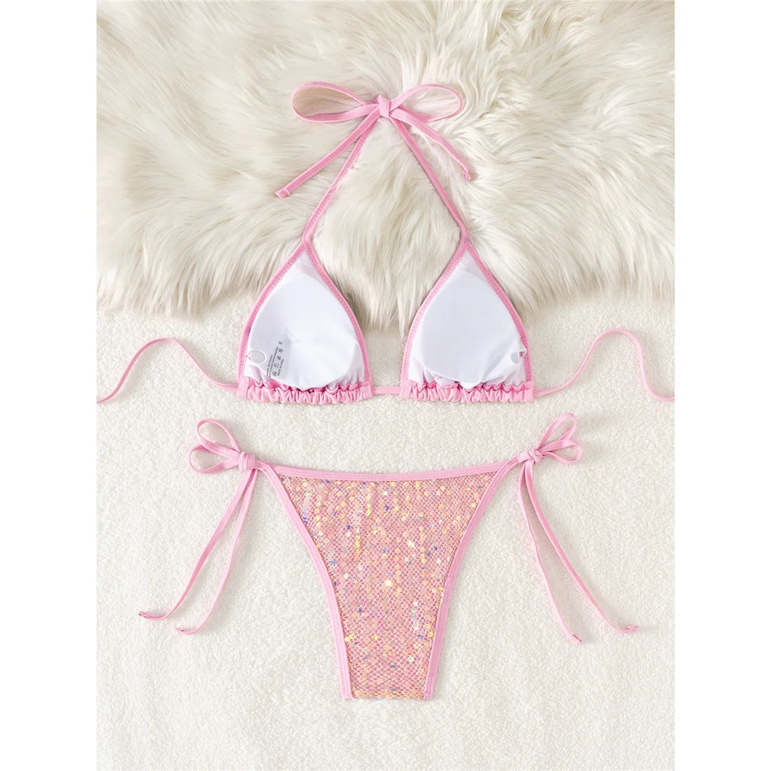 Sparkling Sequins Halter High Leg Cut Bikini Women Swimwear Female Swimsuit Two-Pieces Bikini Set Bather Bathing Suit Swim V6678