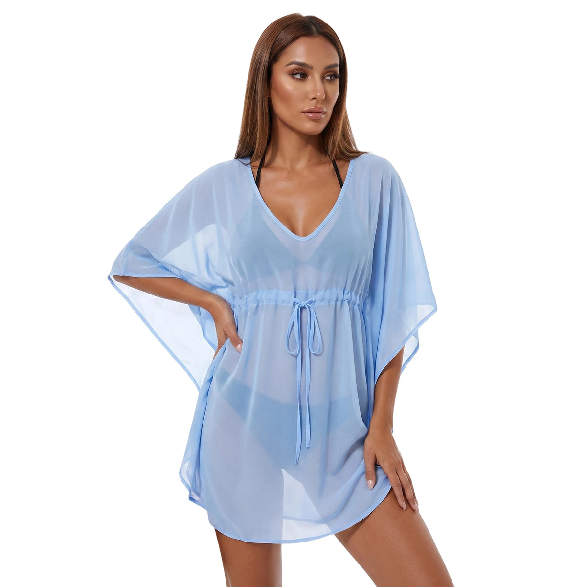 Women Mesh Sheer Swimwear Cover-ups Loose Fit Solid Color Short Sleeve Mini Dress for Beach Pool Casual Bikini Cover Ups Summer