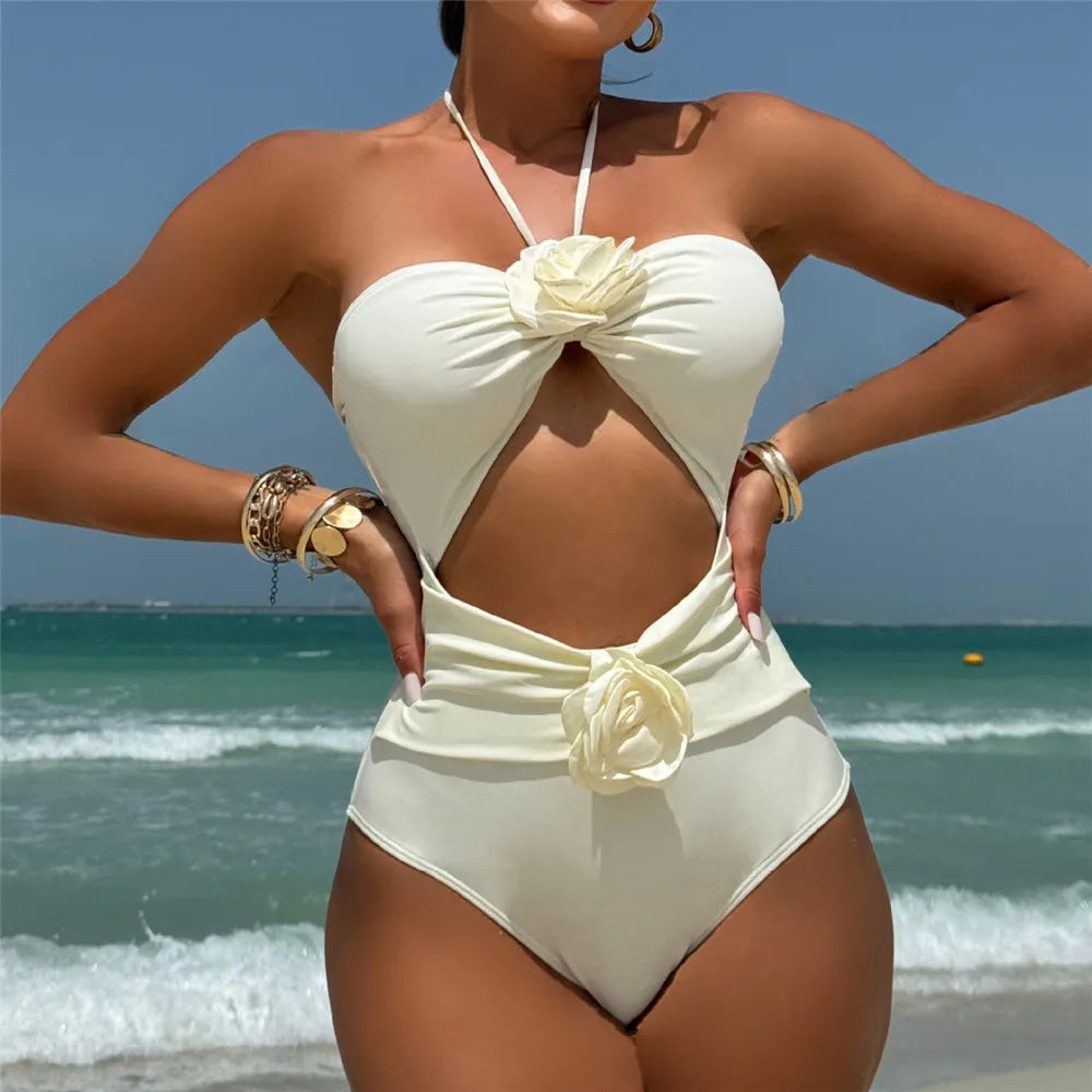 Sexy 3D Flower Hollow Out Swimwear One Piece Swimsuits Women 2026 Summer String Halter Monokini Swimming Bathings Suit Bather