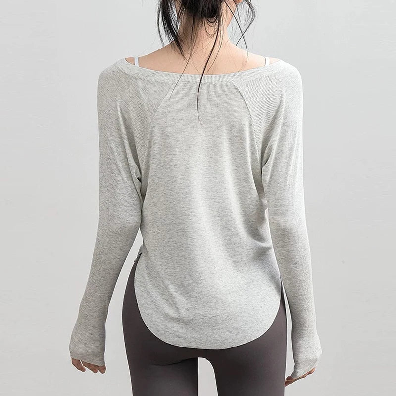 Women's yoga sports T-shirt, Modal ribbed yoga long sleeved outdoor sports loose top slimming yoga T-shirt cover