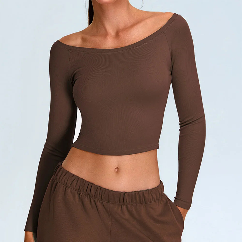 Women Yoga T-shirts Solid Sports Top Off Shoulder Long Sleeve Gym Workout Running Shirts Sexy Quick Dry Fitness Gym Sport Wear