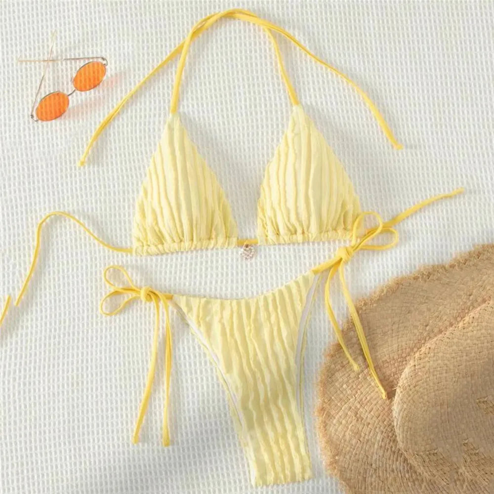 Triangle Micro Bikini for Women Yellow String Halter Thong Sexy Swimsuit Heart Bead Swimwear Bathing Suit Mini Bikinis Sets 2026