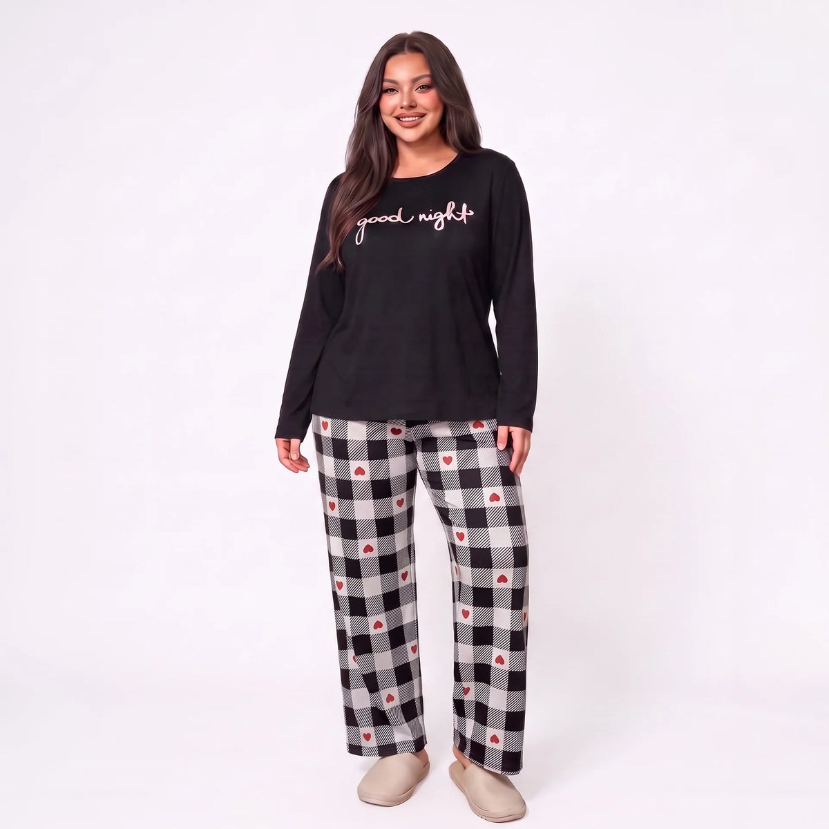 Women Plus Size Milk Silk Pajama Set Plaid Letter Print Long Sleeve Autumn Winter Ladies Casual Home Sleepwear