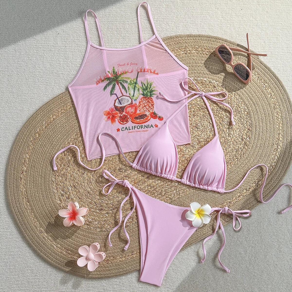 Vintage 3D Flower Thong Bikini Set 2026 Women Summer Fruit Print Cover Up 3 Piece Swimwear Push Up Bra Bathing Suit Swimsuit