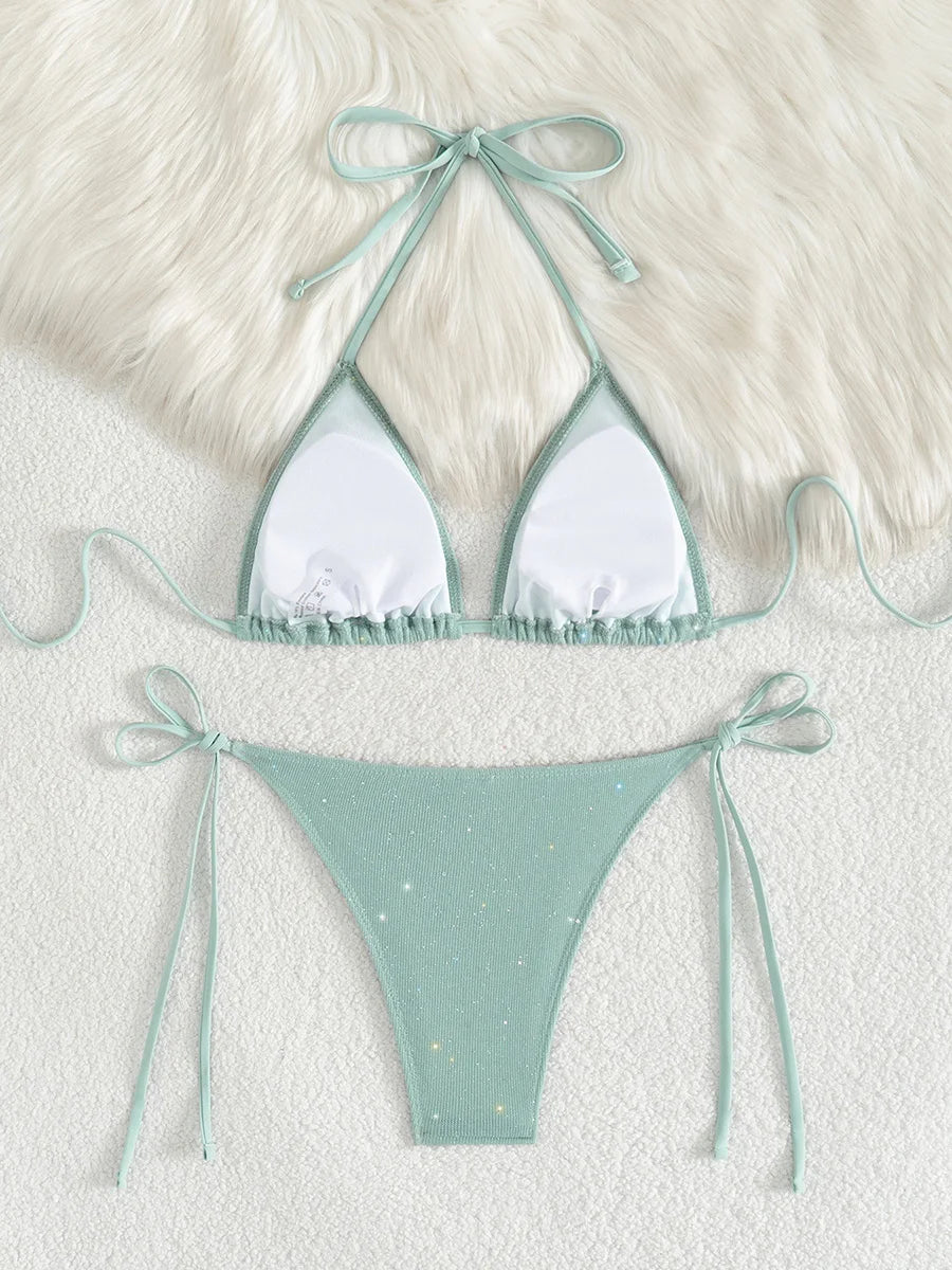 Shiny Sparkling Halter Strappy Bikini 2025 High Cut Bikinis Female Swimsuit Women Swimwear Two-pieces Bikini Set Bathing Suit
